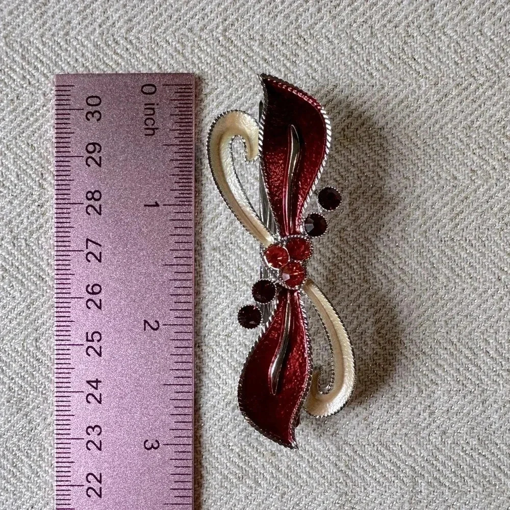 Red and Cream Enamel and Crystal Bow & Heart Hair Barrette - Picture 6 of 7